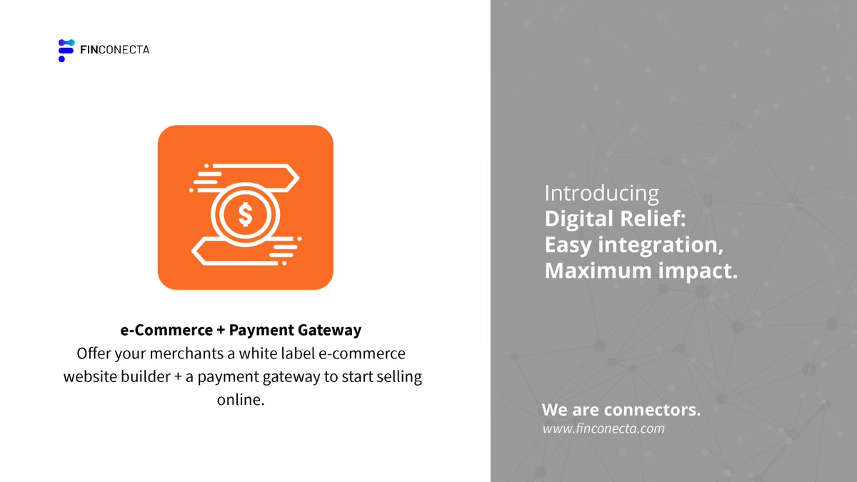 FinConecta's tweet photo. Discover #PaymentGateway: our #DigitalRelief product provides a white label website building platform that includes a payment portal. Start selling online right away with this solution! Contact us at https://t.co/SkVg2BVZVj to get started. https://t.co/OJZWXbZB30