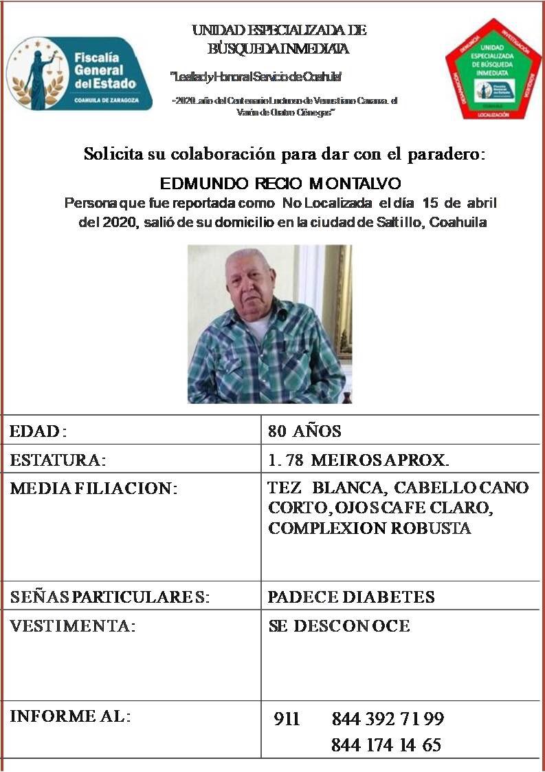 *AVISO* Se busca a Edmundo Recio Montalvo reportada como no localizada el 15 de abril de 2020. Si sabe de su paradero repórtelo a las autoridades. #Saltillo 15:31 <a href="/policiasaltillo/">Policía Preventiva y Tránsito de Saltillo</a> <a href="/FGECoahuila/">FGE Coahuila</a>