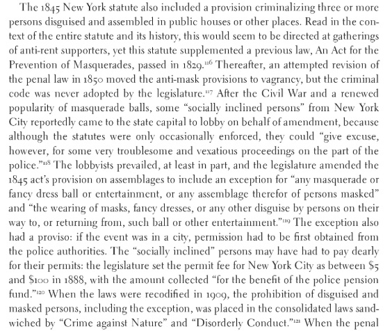 Another source ("Dressing Constitutionally," a fascinating-looking book by  @RobsonConLaw) notes that NY's 1845 anti-mask law "supplemented a previous law, An Act for the Prevention of Masquerades, passed in 1829." This law only applied in Manhattan & Brooklyn.