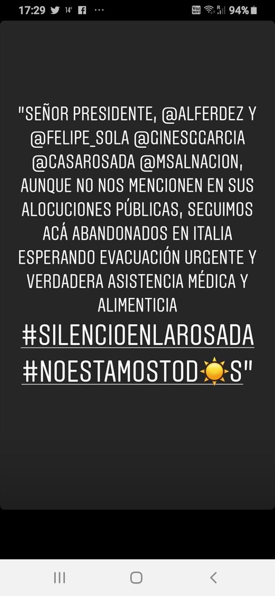 Mary80720346's tweet photo. @CancilleriaARG @Aerolineas_AR @alferdez @felipe_sola @CasaRosada @msalnacion @ginesggarcia #varadosenitalia #SilencioEnLaRosada #NoEstamosTODOS https://t.co/sDiTJAcLpG