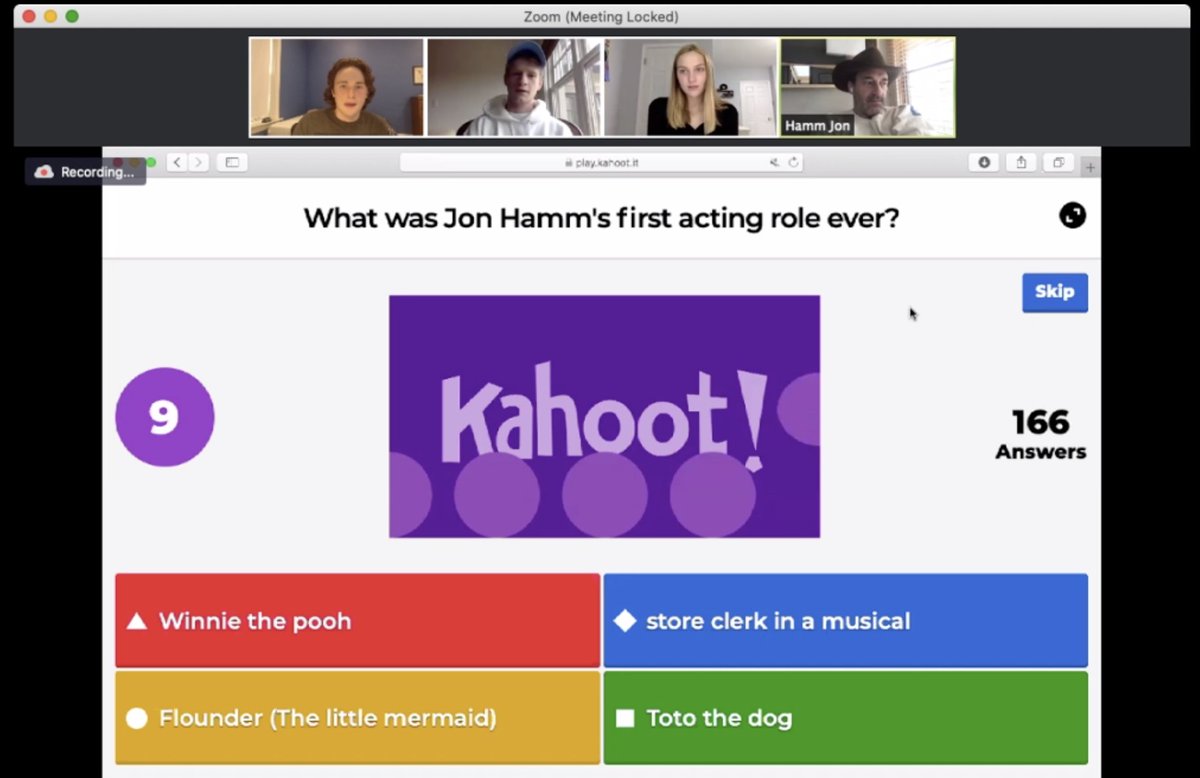 JBSchool's tweet photo. Over 165 students logged online this afternoon to play Kahoot!, a virtual trivia game, with celebrity alum Jon Hamm '89. Hamm answered questions and shared stories about JBS, St. Louis, movies, etc. @getkahoot #JBSLOVE2020 #jbsstudents #jbsalums https://t.co/gbo53LqIgi