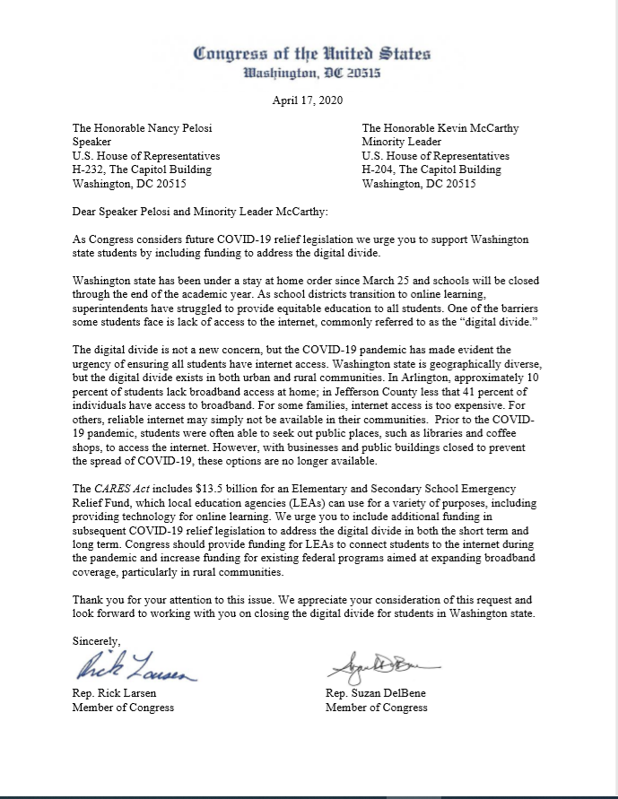 RepRickLarsen's tweet photo. As school districts transition to online learning due to #COVID19, some students in #WA02 & across WA face a lack of reliable internet access, presenting a real barrier to learning.
Today, I urged House leadership to help close the digital divide here in WA. #WorkingforWA2 https://t.co/LL7dfrcH46