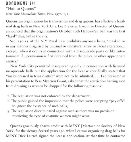 NYC required licenses for masquerade parties through at least the early 1970s. To get a license, applicants had to promise not to admit "males dressed in female attire." Legendary drag queen & activist Lee Brewster convinced DCA head Bess Myerson to drop the rule in 1970.