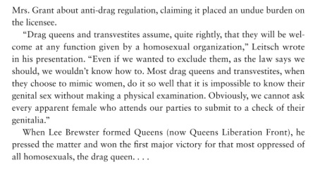 NYC required licenses for masquerade parties through at least the early 1970s. To get a license, applicants had to promise not to admit "males dressed in female attire." Legendary drag queen & activist Lee Brewster convinced DCA head Bess Myerson to drop the rule in 1970.