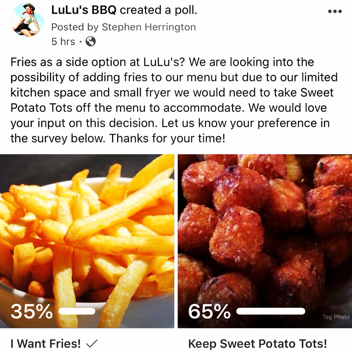 Howdy LuLu’s family! We’re doing a poll on Facebook and would love your input. Click on our profile link and scroll down to today’s post and let us know if you prefer Fries or Sweet Potato Tots. We appreciate your feedback! ✌️ 💗 &amp; BBQ. 🔥😋
•
#lulusbbqlouisville