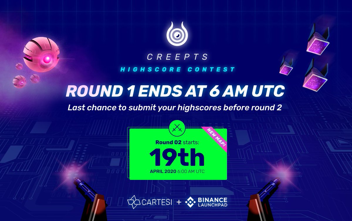 cartesiproject's tweet image. There is less than 9 hours remaining in Round 1 of the #Creepts $50,000 tournament!

- Round 1 will end April 18th at 6:00 am UTC. 
- Round 2 begins 24-hours after Round 1, on April 19th at 6am UTC. 

To participate go to: creepts.cartesi.io/contest/binanc… #Binance @binance