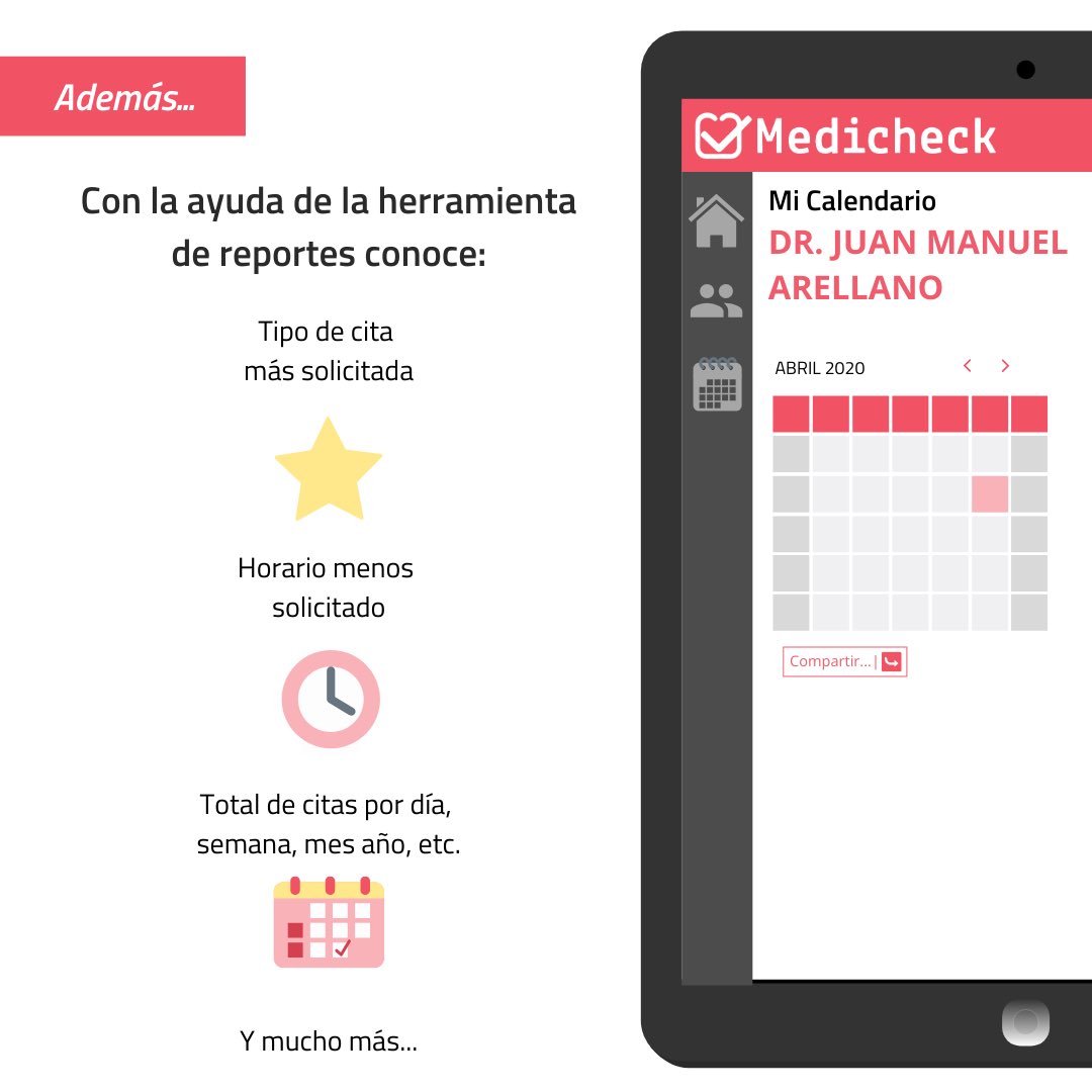 MedicheckMX's tweet photo. PERSONALIZA tu propia agenda! .
. 
Además, junto con los reportes Medicheck conoce:
⭐️Tipo de cita más solicitada.
⏱Horario del día menos solicitado.
💵Total de citas e ingresos por día, mes y año.
💗Y mucho más...
.
.
#Medicheck #ContectandoParaSalvarVidas https://t.co/22lzOosnhx