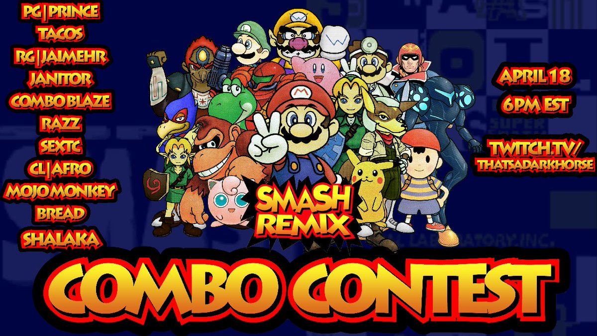 ThatsADarkHorse's tweet photo. The Smash Remix Combo Contest is tomorrow!

11 contestants
8 judges
5 giveaways
1 champion

Stream will go live around 4pm ET with past combo contest highlights and then the main event starts at 6pm

See you all there!

https://t.co/aJJAaTVmYj https://t.co/SAb3aqSOje