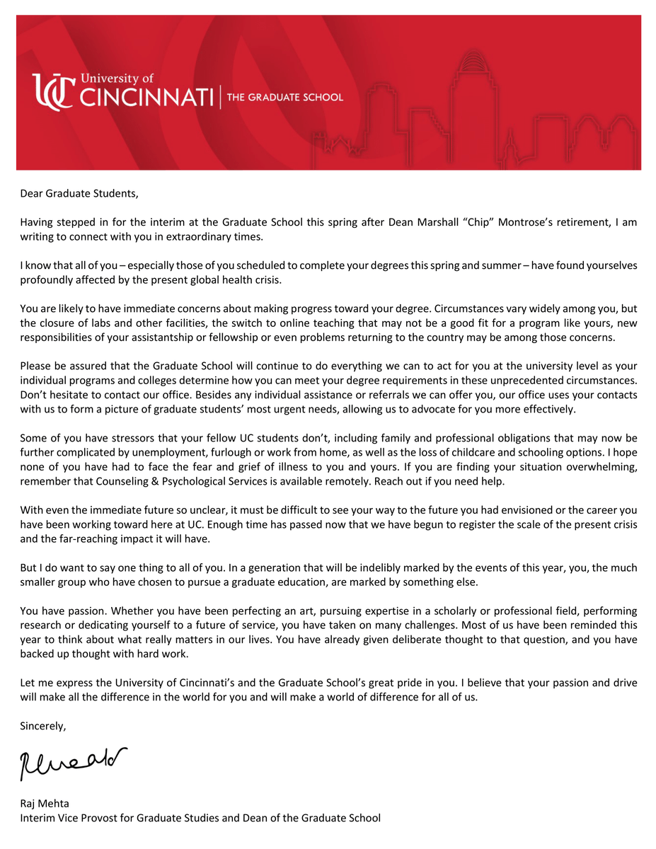 A letter of reassurance from the Interim Vice Provost for Graduate Studies and Dean of the Graduate School, Raj Mehta, regarding concerns that you may have about meeting your degree requirements in the midst of COVID-19