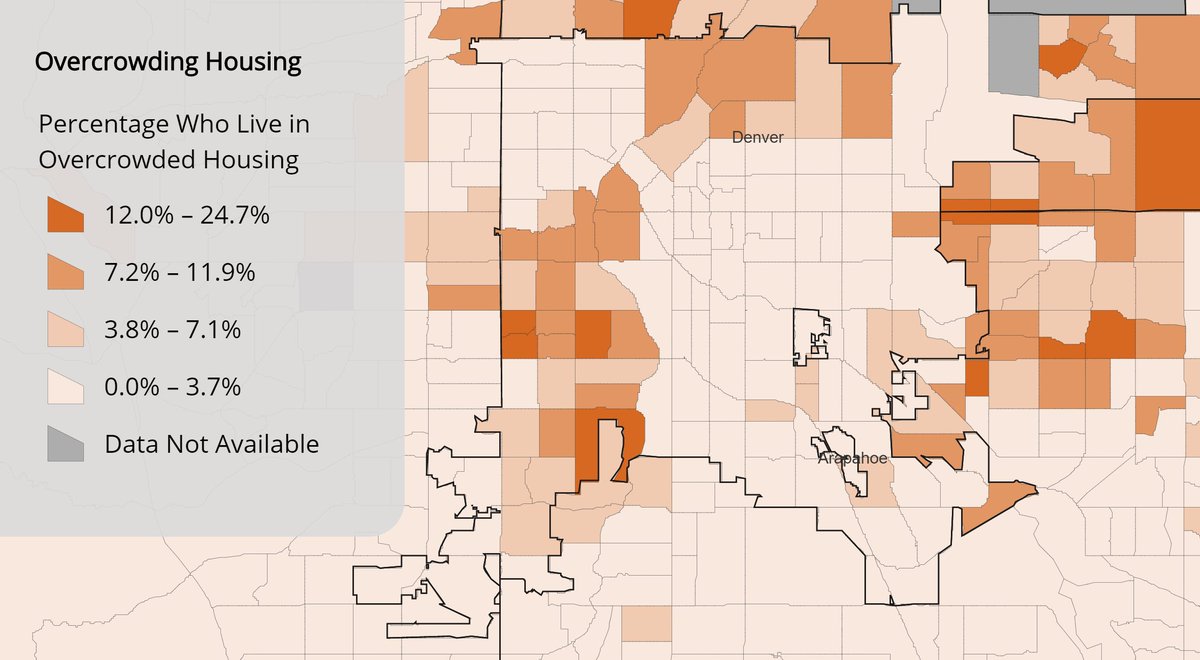 Example: Central Denver is the most densely populated area of the state, but residents there aren’t living in crowded conditions. Instead, the most crowded homes are in the neighborhoods around the edge of Denver. #cohealth #COVID