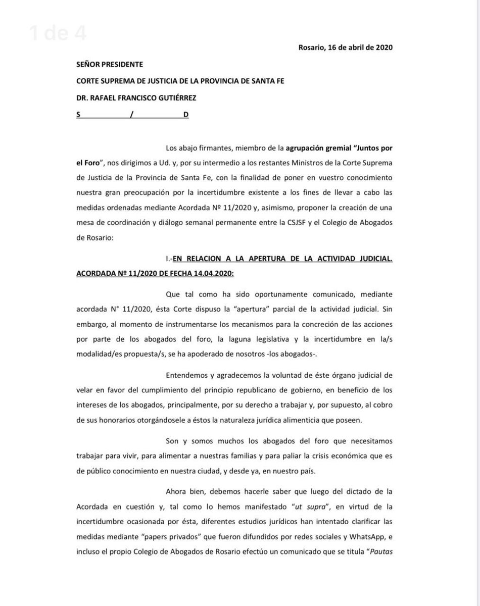 JuntosForo's tweet photo. #Hoy solicitamos la creación de una mesa de coordinación y diálogo entre la CSJSF y el @ColAbogadosRos. Ello, con el fin de obtener reglas claras en el ejercicio de la profesión, mientras dure esta situación de excepción generada por el COVID-19. https://t.co/ixEv2g0D9p