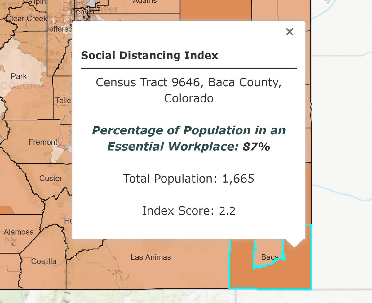 One more takeaway: Some parts of rural CO have crazy high rates of workers considered "essential" under current guidelines, including sectors like ag, transporation, manufacturing. The SE corner of the state (in Baca County) is at 87%! #COVID #cohealth