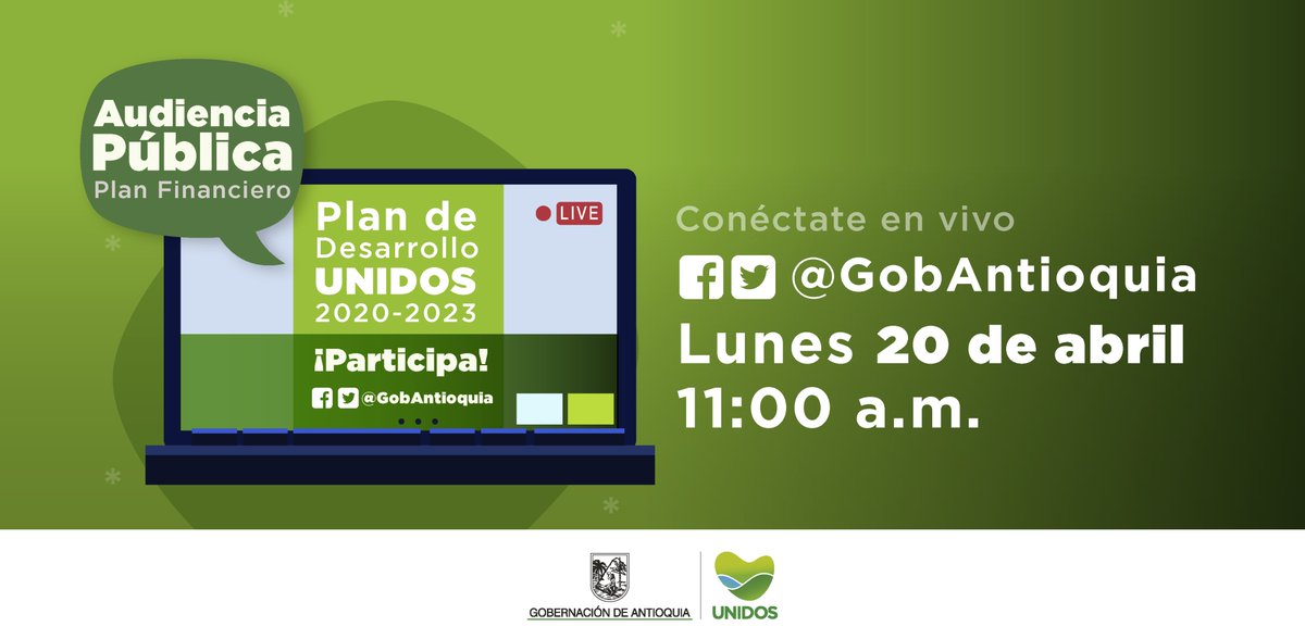 DapAntioquia's tweet photo. #NotiPlan | Conéctate a la audiencia pública virtual para socializar el Plan Plurianual de Inversiones del Plan de Desarrollo UNIDOS. En vivo por las redes sociales de @GobAntioquia
📅Lunes 20 de abril⏰11:00 a.m.
¡Participa activamente en la construcción de nuestro Plan! https://t.co/F0XitVk2E9