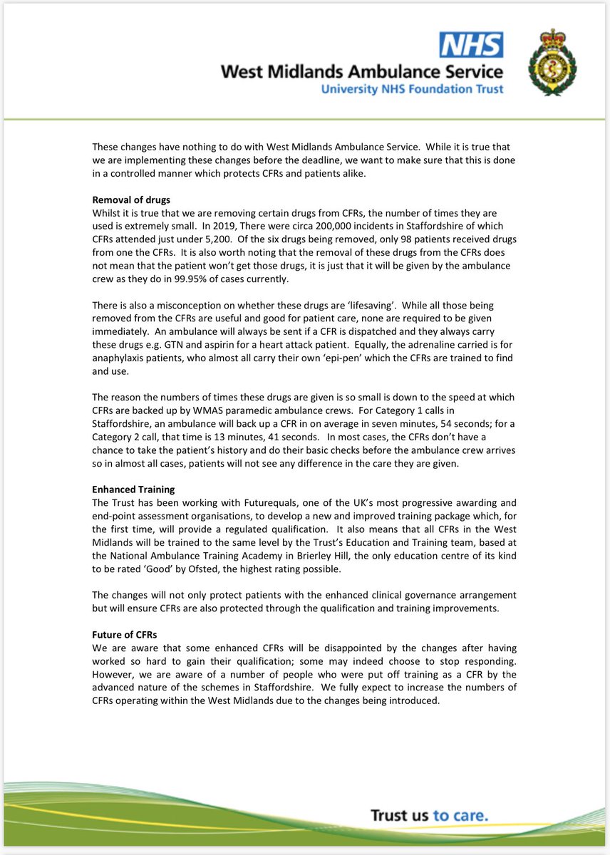 Dadgey's tweet image. This from the guy who just removed drugs during a Global Pandemic including Salbutamol and Adrenaline from CFRs in Staffordshire claiming they aren’t lifesaving.....
Not forgetting their ability to use blue lights to attend 999 calls. There reasoning below ..