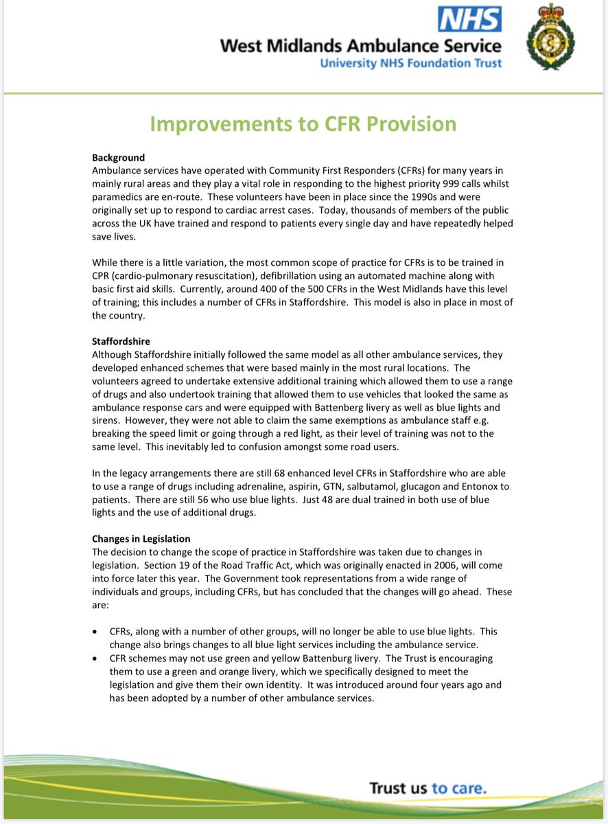 Dadgey's tweet image. This from the guy who just removed drugs during a Global Pandemic including Salbutamol and Adrenaline from CFRs in Staffordshire claiming they aren’t lifesaving.....
Not forgetting their ability to use blue lights to attend 999 calls. There reasoning below ..