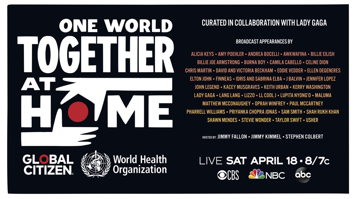 Let’s stay #TogetherAtHome. Artists, comedians, health experts, and more are joining forces for One World: Together At Home tonight at 8/7c.