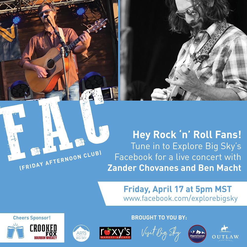 BUZZBALLZ's tweet image. Catch @zander_chovanes and Ben Macht perform tonight at 6pm CST on the Explore Big Sky Facebook page! There may even be an appearance of our good friend @crookedfoxbourbon 🔥 #FunInPlace