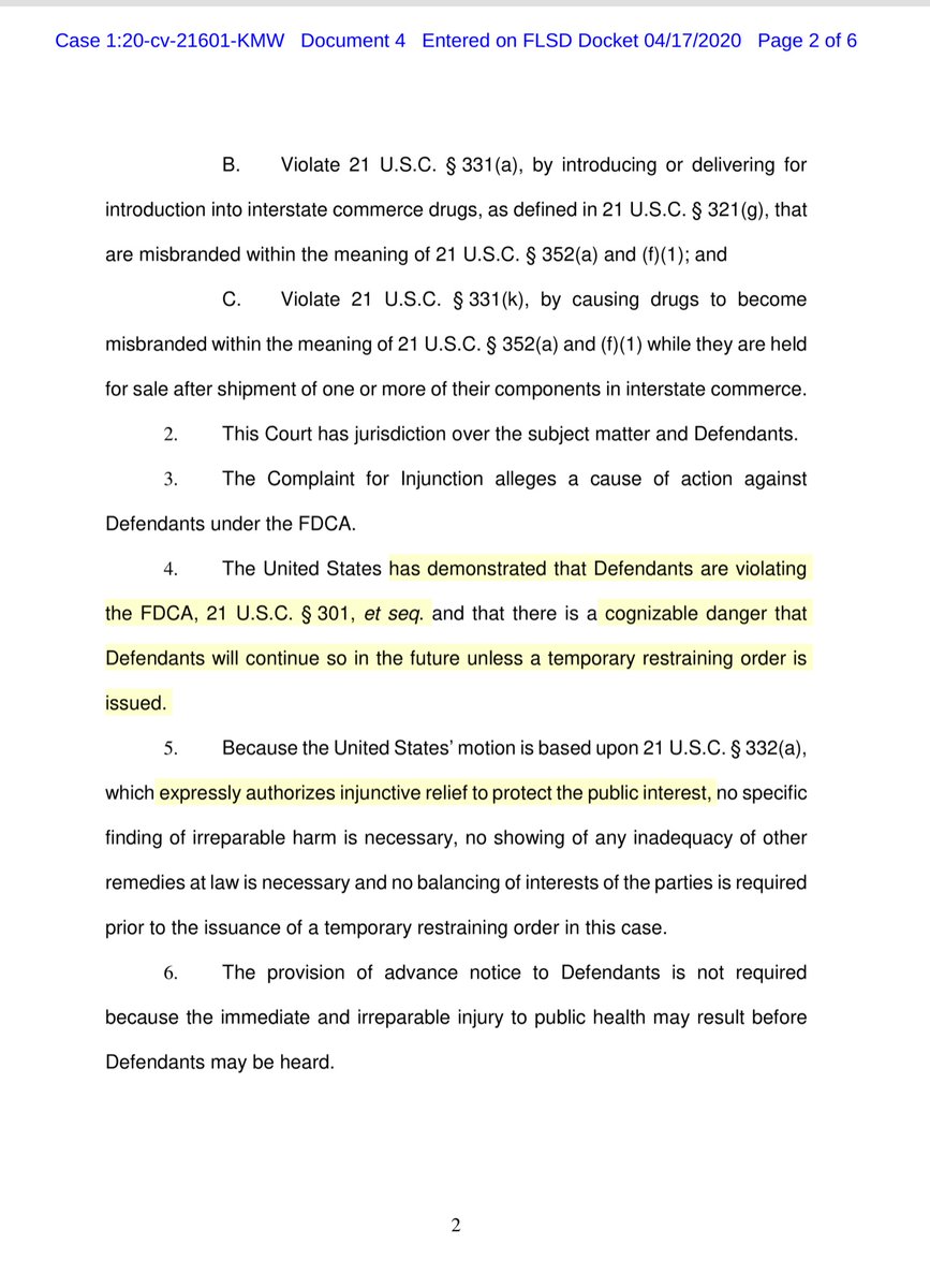 FTR the Government obtained a TRO this morning against:Genesis II Church of Health and Healing (Genesis)Mark GrenonJoseph GrenonJordan Grenonand Jonathan Grenon “sell and distribute a product called Miracle Mineral Solution...”The TRO expires 14 days from today’s order