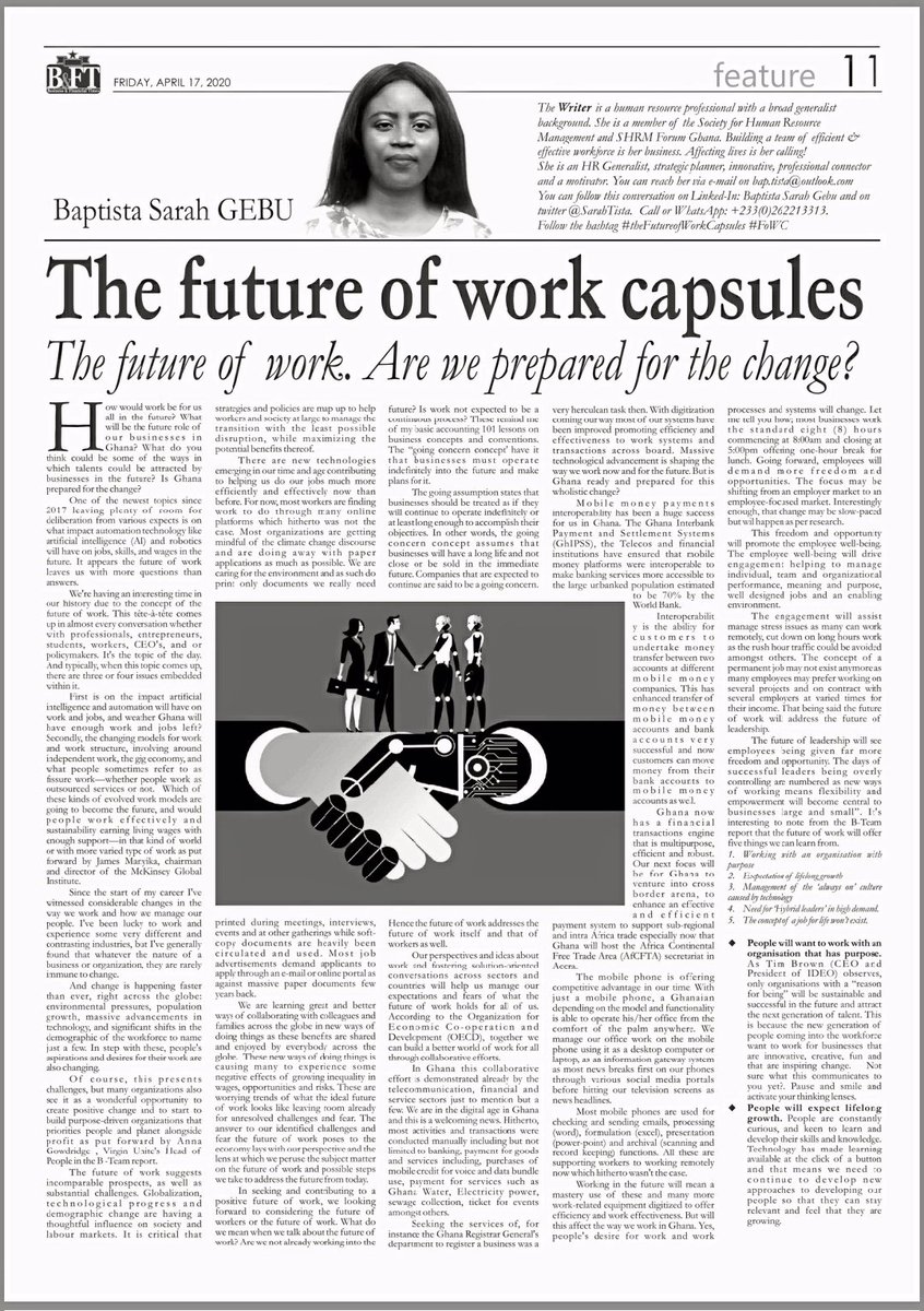 SarahTista's tweet photo. The Future of Work Capsules: Are we prepared for the change? @bftghana @FoRealHRService    @FOREALDESTINATN #FoWC #thefutureeconomy #SportsPanorama #sgit #StayAndPlay #الدولار #Covid_19 #BreakFreeWithKuda #Overload #theFutureofWorkCapsules https://t.co/GwNE3PfVY0