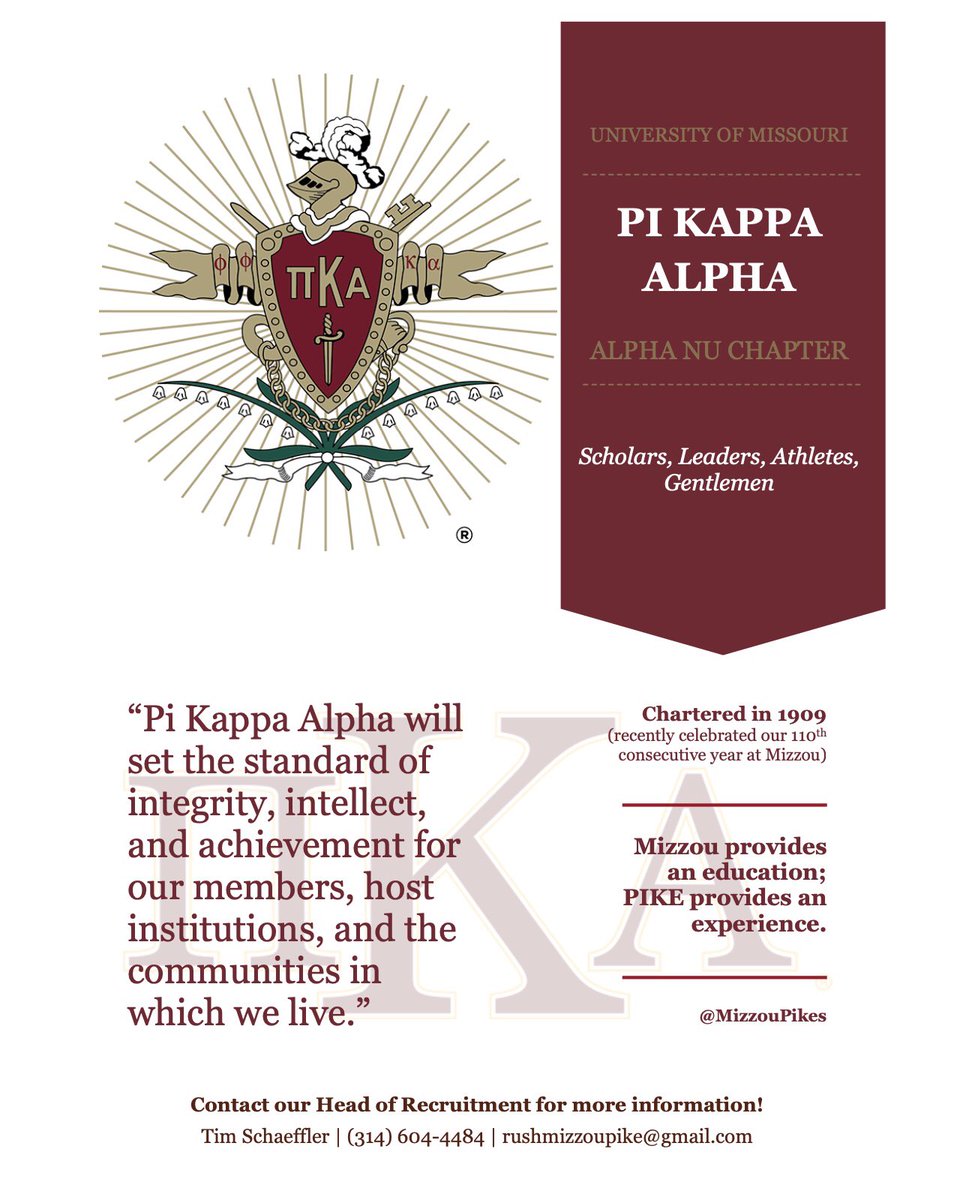 MizzouPikes's tweet photo. If you have a referral, or are interested in joining, please contact Tim Schaeffler for more information.

Our rush application is also in our bio! (https://t.co/OwjfUpB1By) 

#RushPIKE https://t.co/vNXIv41RRy