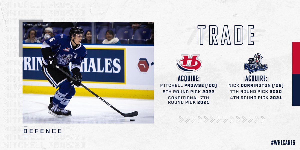 TRADE: The #WHLCanes have acquired 2000-born defenseman Mitchell Prowse and two draft picks from the Victoria Royals in exchange for 2002-born forward Nick Dorrington and two draft picks! #CaneTrain #FueledByPassion #YQL 

Details 👉 bit.ly/2zdjKf3
