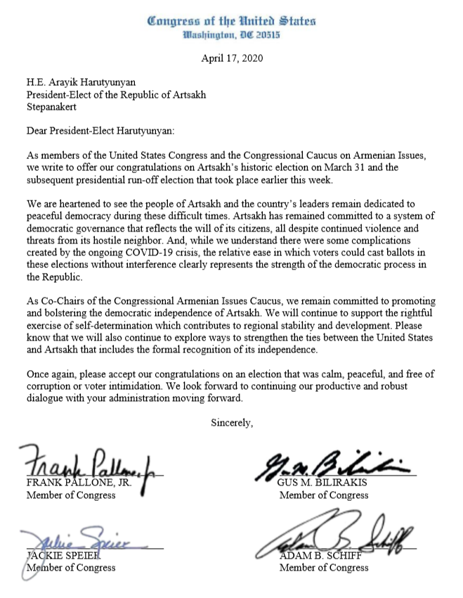 FrankPallone's tweet photo. Led a letter from the Congressional Armenian Caucus to President-Elect Arayik Harutyunyan, congratulating the people of Artsakh on a successful, democratic election. The letter also calls for official US recognition of Artsakh as an independent nation. https://t.co/RNWaCsRKNb