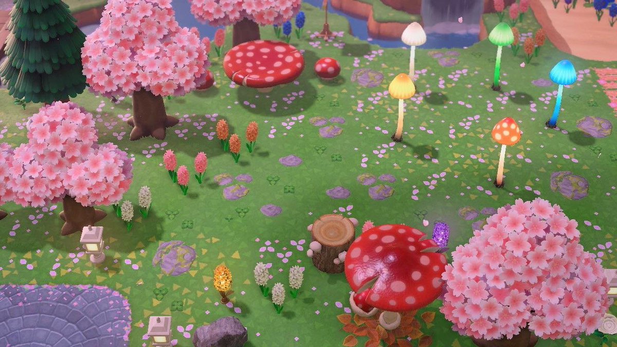 51. Un jardin champi (Source :  https://www.reddit.com/r/ac_newhorizons/comments/g2linl/i_made_an_enchanted_mushroom_garden/)
