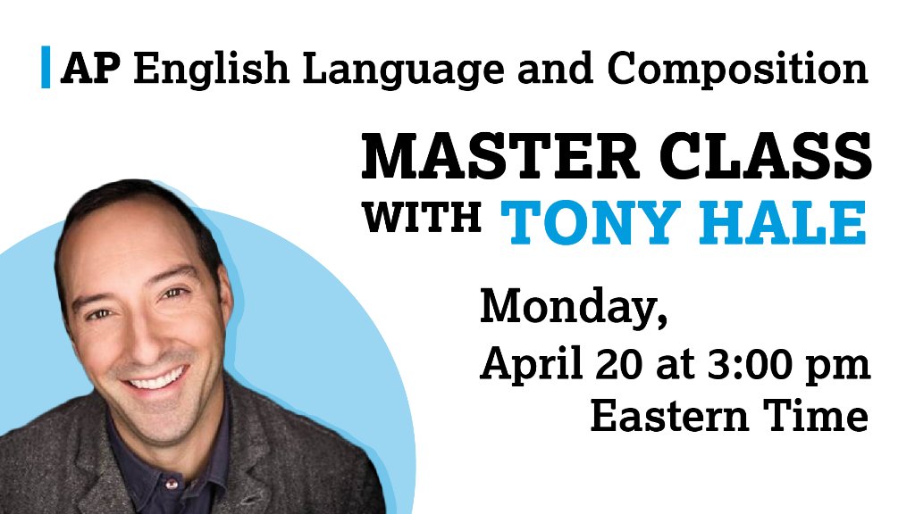AP_Trevor's tweet image. AP English Language and Composition students and teachers are invited to join a special #APMasterClass on Monday with actor and writer @MrTonyHale. He&apos;ll discuss bringing your own story to the storytelling process &amp;amp; more.

Set a reminder to watch: youtu.be/jf7F2d-3Frc. #APLang