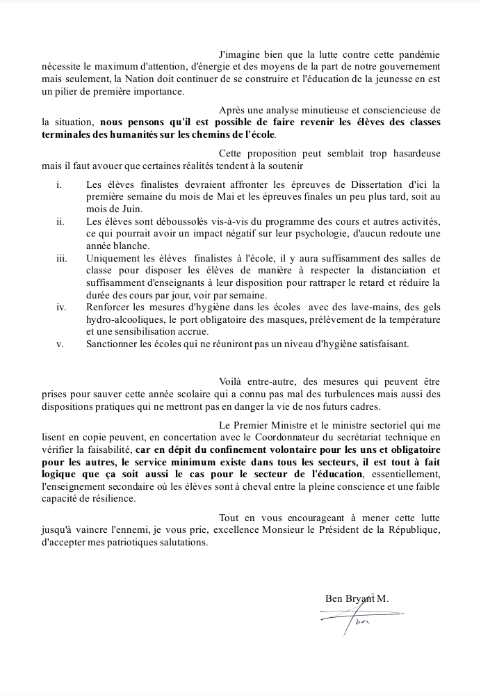 BenBryant_M's tweet photo. Ma lettre au @Presidence_RDC @fatshi13 pour proposer la reprise des cours pour les finalistes des humanités, tout en  renforçant les mesures d'hygiène et en respectant la distanciation !
C'est ce que j'appelle Service minimum dans l'enseignement.
@AndyBemba @PrimatureRDC https://t.co/21i6Jk5v3K