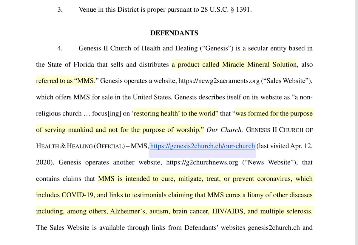 BEJESUS - the Complaint is pretty mind blowing. Specifically paragraph 4 -9 the dosing for children is unbelievable.Because the MMS is industrial bleach. You might disagree with me but the DOJ & FDA made the right decision to obtain a TROComplaint https://www.justice.gov/opa/press-release/file/1269661/download