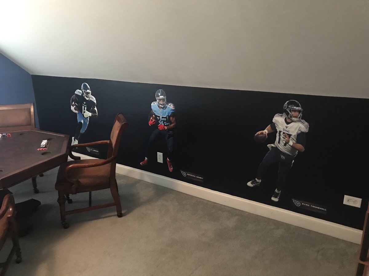 twjohn13's tweet photo. Man cave project complete with @ryantannehill1 @KingHenry_2 @Brown1arthur up on the wall. Can’t wait to see this trio back on the field making another run. @Titans #TitanUp https://t.co/5bcSIO1On5