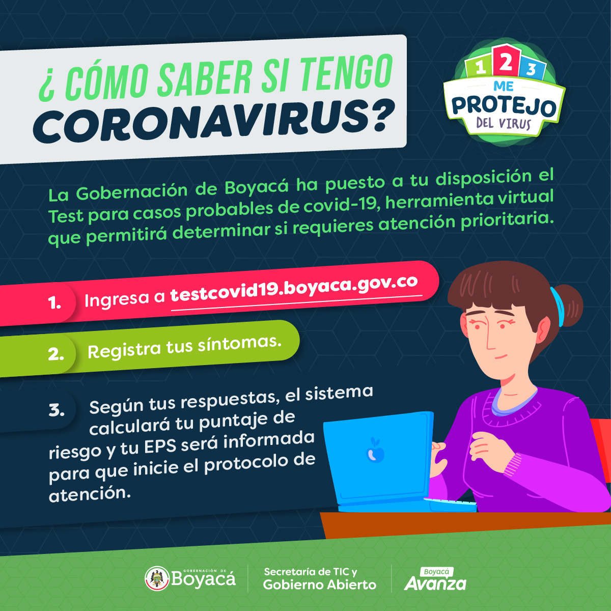 SecSocialBoyaca's tweet photo. ¡En familia nos protegemos del covid-19! Por eso, ante cualquier síntoma de este virus, ingresen a https://t.co/VBl90prBWB y realicen la encuesta para casos probables. Dependiendo de las respuestas, recibirán una atención prioritaria, si así lo requieren.

#123MeProtejoDelVirus. https://t.co/0SNQNO92cR