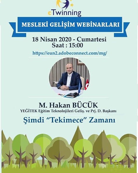eTwinning Projects Dissemination (@etwinningdestek) on Twitter photo 🔊eTwinning Türkiye Mesleki Gelişim Webinarlarında bugün
📣Şimdi Tekimece Zamanı
👤 M. Hakan BÜCÜK - YEĞİTEK Eğitim Teknolojileri Geliştirme ve Projeler Daire Başkanı
🗓️18 Nisan 2020 Cumartesi
⏰15.00
🔗eun2.adobeconnect.com/mg/
<a href="/ziyaselcuk/">Ziya Selçuk</a> <a href="/adnanboyaci/">Adnan BOYACI</a> @mhbucuk <a href="/mfatihdoger/">Mehmet Fatih Döğer</a> 🔊eTwinning Türkiye Mesleki Gelişim Webinarlarında bugün
📣Şimdi Tekimece Zamanı
👤 M. Hakan BÜCÜK - YEĞİTEK Eğitim Teknolojileri Geliştirme ve Projeler Daire Başkanı
🗓️18 Nisan 2020 Cumartesi
⏰15.00
🔗eun2.adobeconnect.com/mg/
<a href="/ziyaselcuk/">Ziya Selçuk</a> <a href="/adnanboyaci/">Adnan BOYACI</a> @mhbucuk <a href="/mfatihdoger/">Mehmet Fatih Döğer</a>