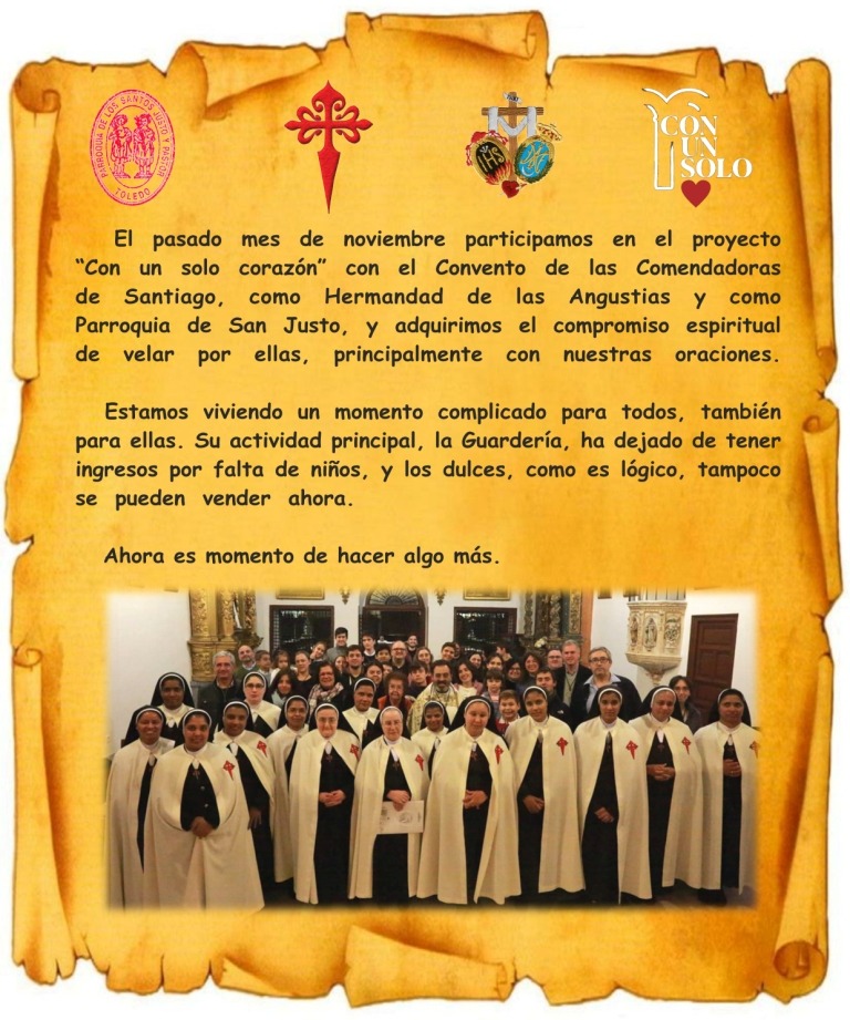 AngustiasToledo's tweet photo. El pasado mes de noviembre participamos en el proyecto “#ConUnSoloCorazon” con el Convento de Comendadoras de Santiago, como Hermandad @AngustiasToledo y como Parroquia de San Justo, y adquirimos el compromiso espiritual de velar por ellas, principalmente con nuestras oraciones. https://t.co/J5C5DL4FX4