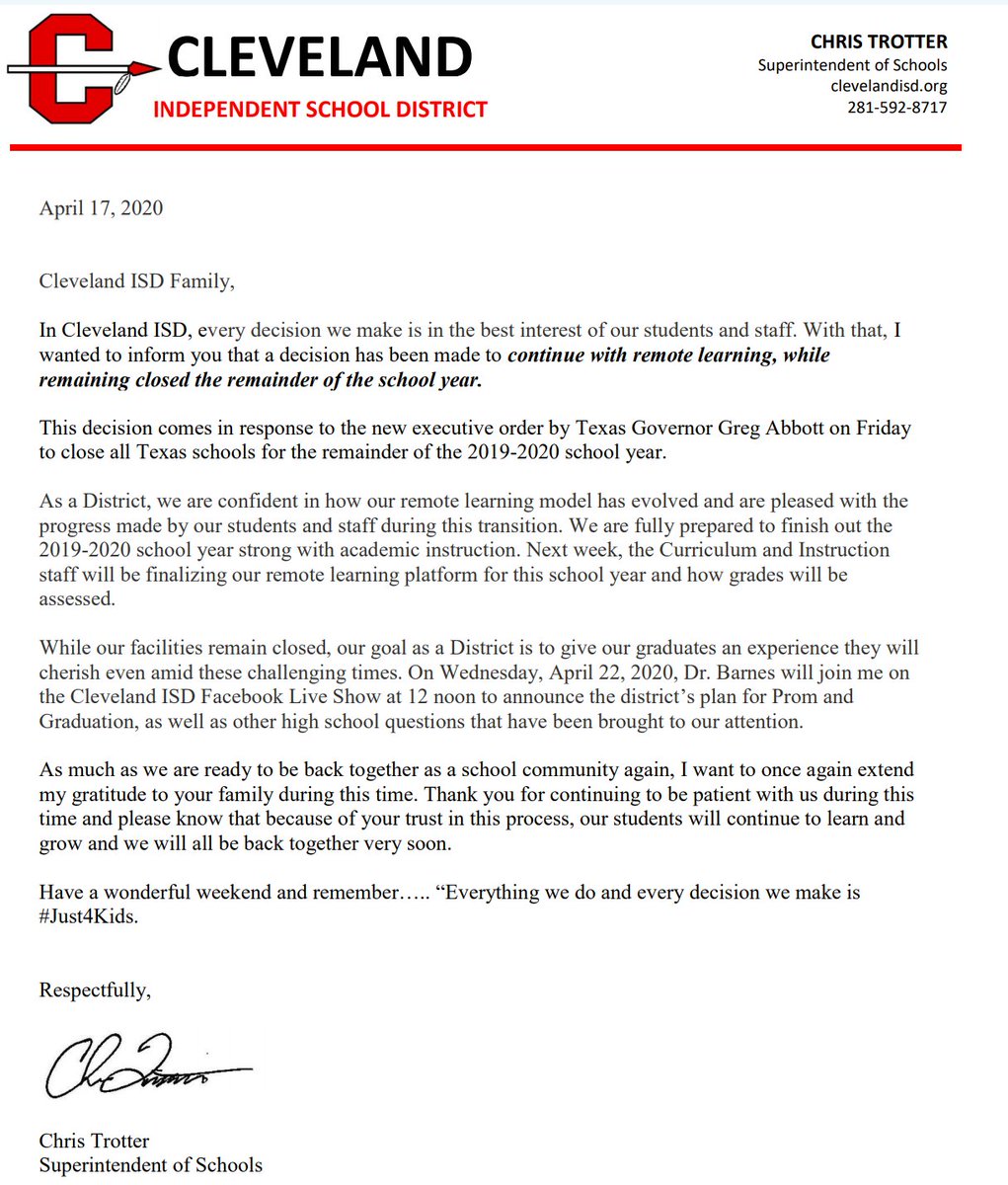 A message from our Superintendent Chris Trotter concerning the closure of CISD for the remainder of the 2019-2020 school year. #indianpride #Just4Kids <a href="/SuptTrotter/">Chris Trotter</a>