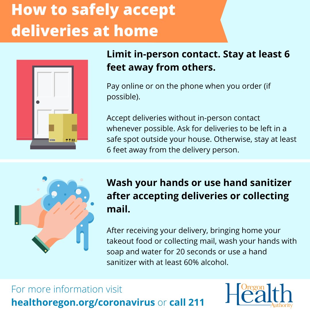 OHAOregon's tweet image. Yesterday we shared information about whether you should eat takeout. Our answer was aimed at sharing that contracting #COVID19 through food is unlikely.

We want to add some additional safety information about how to handle packaging or other items that may be delivered to you.