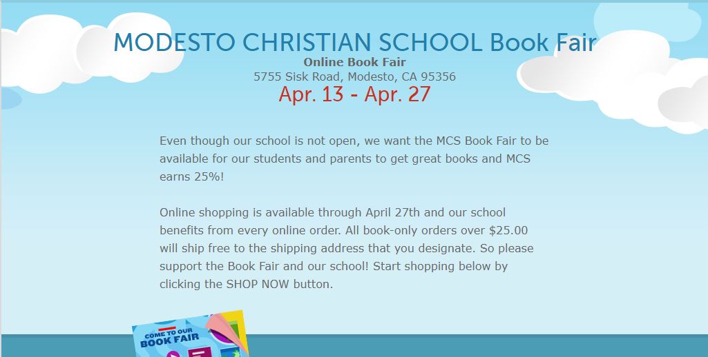 Attention MC Families!  Order your books through our Online Book Fair TODAY!  Deadline is April 27, so don't delay!
To order, click on this link: scholastic.com/bf/modestochri…