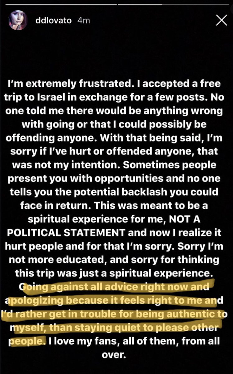 Now this is important!Similar to Bieber, Scooter arranged for Demi Lovato to take a similar paid propaganda trip. Her IG caption recieved backlash for whitewashing Israel’s oppressive history, & unlike any of his other clients, she apologized, AGAINST SCOOTER’S APPROVAL