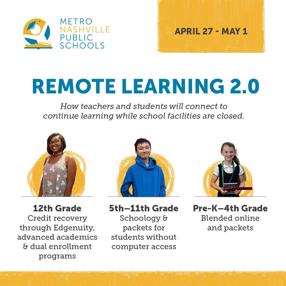 MetroSchools's tweet photo. School buildings are closed, but teaching and learning continue for the rest of the year. Here’s a glimpse of what families and students can expect during Remote Learning 2.0 as we work together to ensure our students have access to learning. https://t.co/MNtnnP3wDO https://t.co/xYzNOibI8H