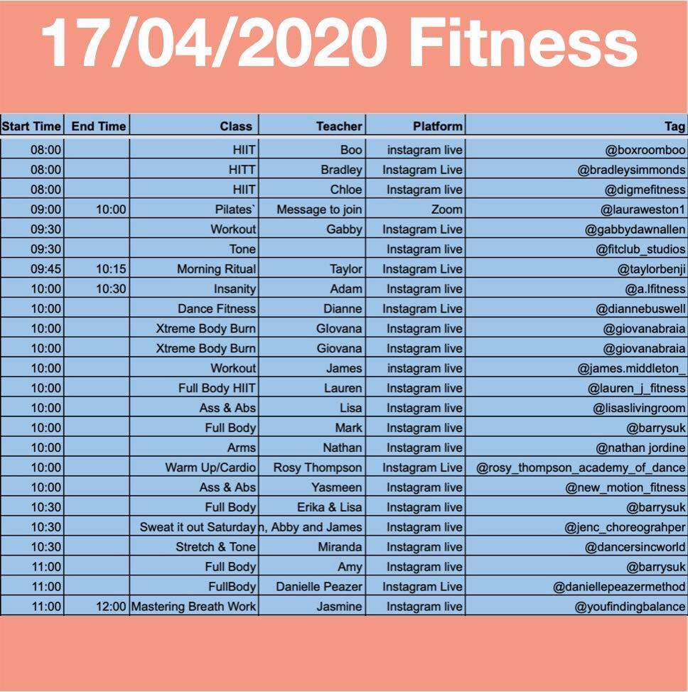 arts_stream's tweet photo. Timetable for 18/04/2020 💃💃💃#dance #timetable #fit #fitness #class #classes #wellness #wellbeing #sing #act #musicaltheatre https://t.co/D6Wz3epEKN