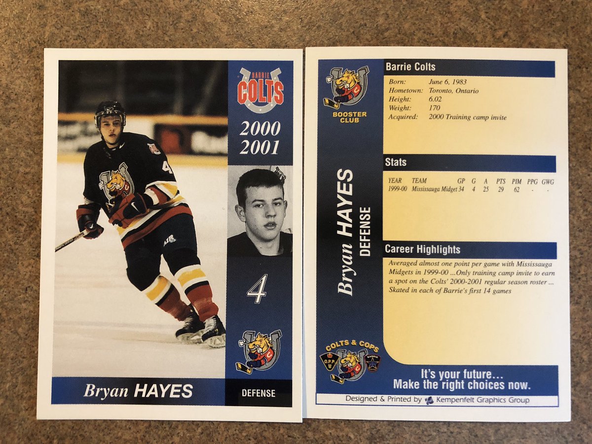 JAbram92's tweet photo. Going through boxes of hockey cards downstairs and came across this gem. @HayesTSN, the Barrie Colts legend. The rumours are true @OverDrive1050 @odognine2 &amp; @jamiemclennan29! “Point per game player”...in Minor Midget! https://t.co/tzRmcBplNT