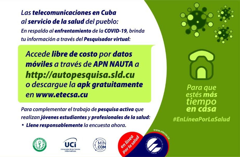 Cubacel On Twitter Disponible Gratis La Aplicacion Pesquisador Virtual En Https T Co 0aon0edjmb La Nueva Apk Se Utiliza Para El Autodiagnostico Sobre La Covid19 Desde El Celular Cubaessalud Cubaporlasalud Fuerzacuba Enlineaporlasalud Https