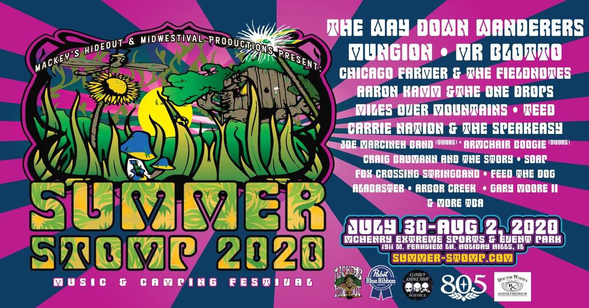 #SummerStomp2020
#TheWayDownWanderers,#Mungion,#MrBlotto, #ChicagoFarmerandTheFieldnotes, #AaronKammandthOneDrops,#MilesOverMountains, #Teed, #CarrienationandtheSpeakeasy,#JoeMarcinekBand, #ArmchairBoogie,#CraigBaumannandTheStory, #Soaptheband,#FoxCrossingStringband,#Alabaster,