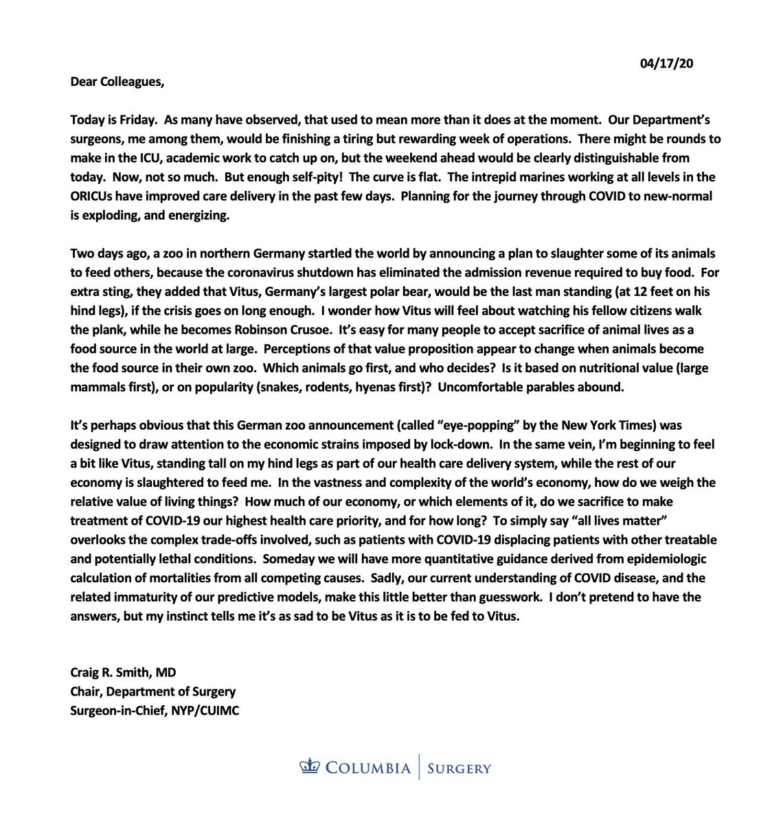 COVID-19 Update: Friday, 4/17/20The latest on the  #COVID19 crisis from Dr. Craig Smith:  https://columbiasurgery.org/news/covid-19-update-dr-smith-41720