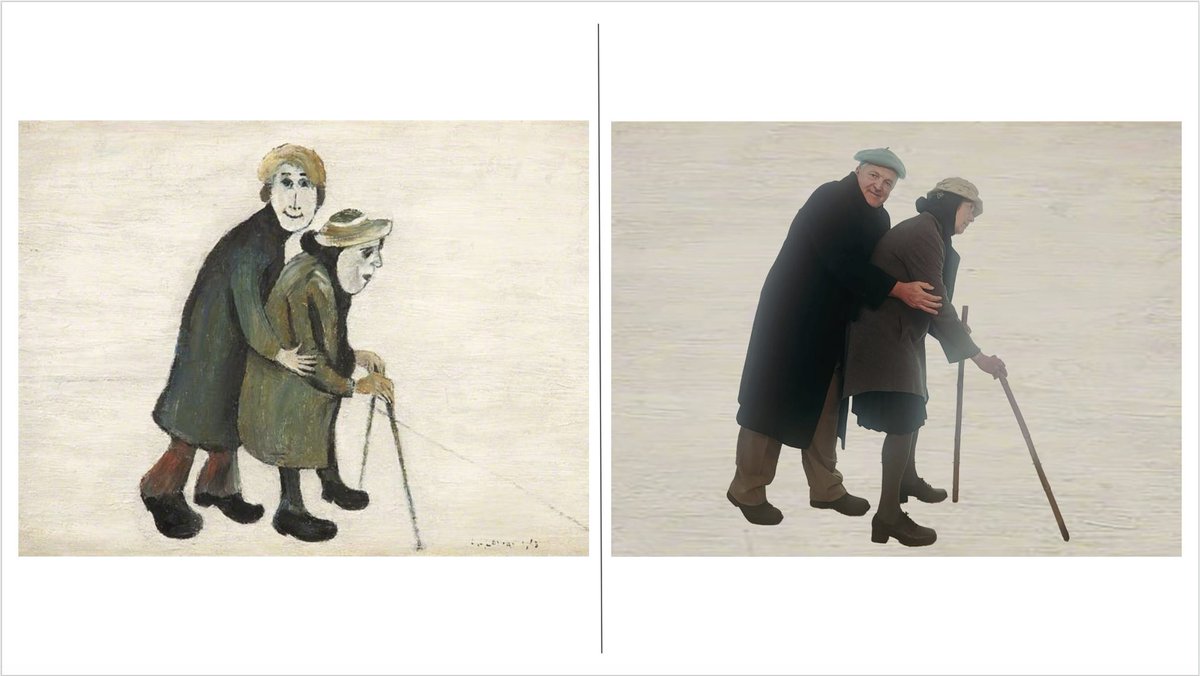 Day 29A Couple Crossing the Road by T. S. Lowry, 1953.A Couple Crossing the Living Room by Molly O'Cathain, 2020.
