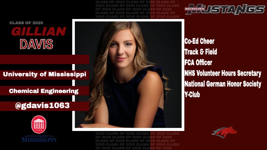 McCrackenCounty's tweet photo. McCracken County HS is proud of our seniors! Each day we will highlight a handful of our members of the 2020 class and let you know their future plans. Today the Spotlight is on Gillian Davis! #togetherky @mcpschools @McCrackenCoed @MccrackenNhs @OleMissRebels @FCAOfMcCracken https://t.co/RlBd81TCZ2