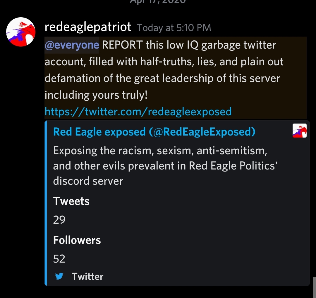 RedEagleExposed's tweet photo. Red Eagle telling his followers to brigade this account, which literally just posts screenshots from his Discord server. https://t.co/mwyqAfzJJk