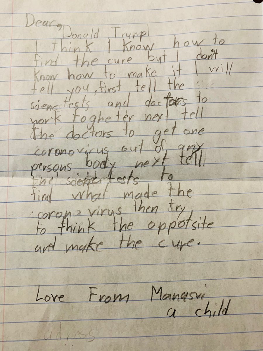 Letter from my daughter Manasvi to Donald Trump on her thinking of how to find cure for Corona Virus. #realDonaldTrump #coronavirus