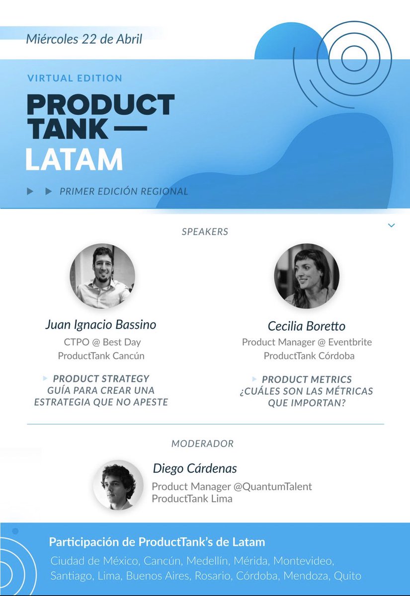 MvdProducttank's tweet photo. SAVE THE DATE - Miércoles 22 de abril 20hr
Con #ProductTankMVD nos unimos a la 1ra. Edición regional de ProductTank Latam online 💻

🎤@nachobassino CTPO @ Best day-Product Strategy
🎤@BorettoCecilia PM @ Eventbrite - Product Metrics 

Inscripción: https://t.co/JijlOFjbAJ https://t.co/kDUlI7fGod