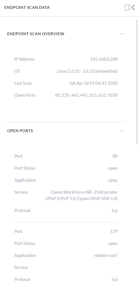 A few hours on and it's crawled a bunch of the network. Some interesting stats on which devices have which ports open. For example, I just learned that my printer is running a web server... 